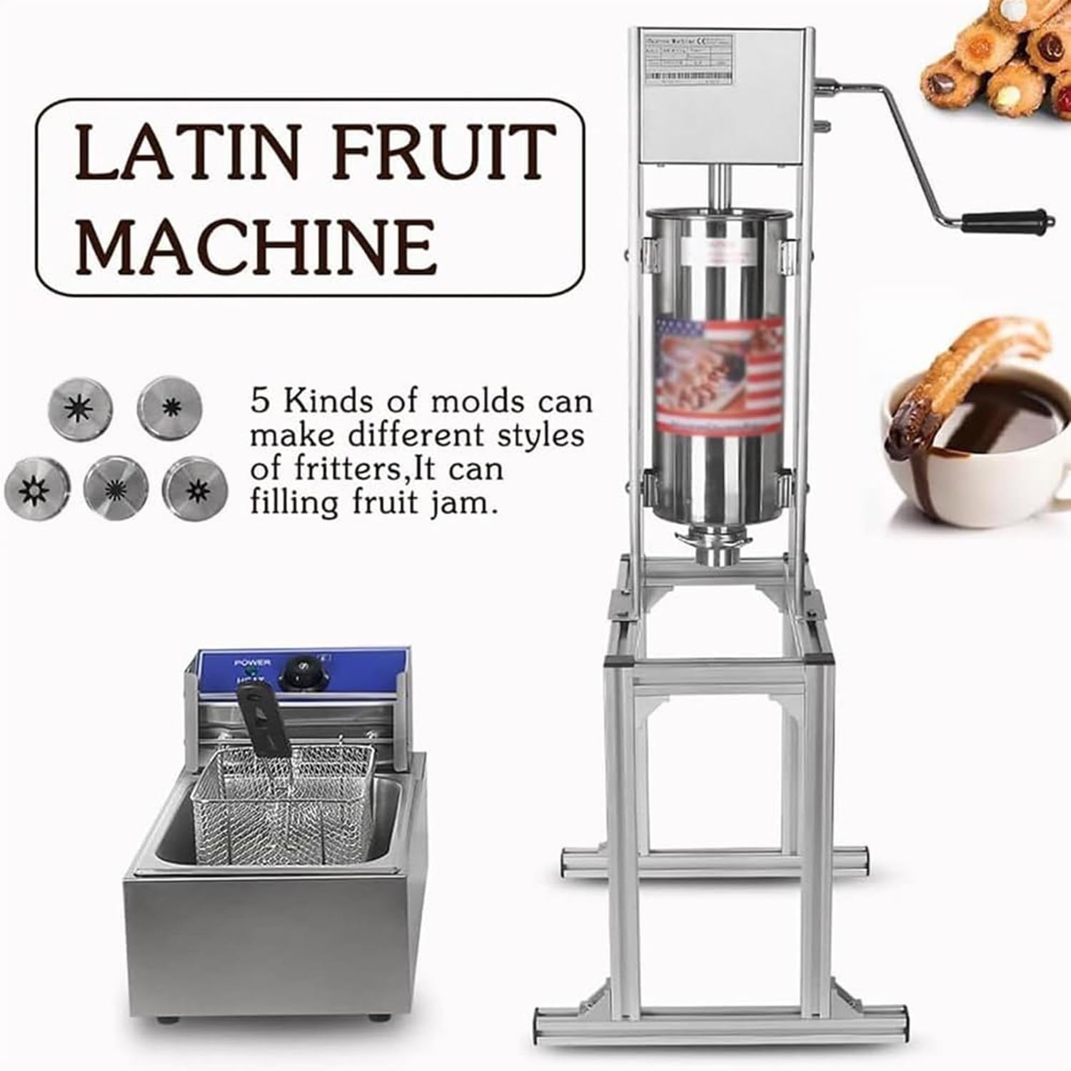 Machine à Churros Commerciale, Machine à Churros Manuelle, Machine à Beignets Espagnole Verticale avec Friteuse de 6 L, Remplisseuse de Beignets à Dessert en Acier Inoxydable