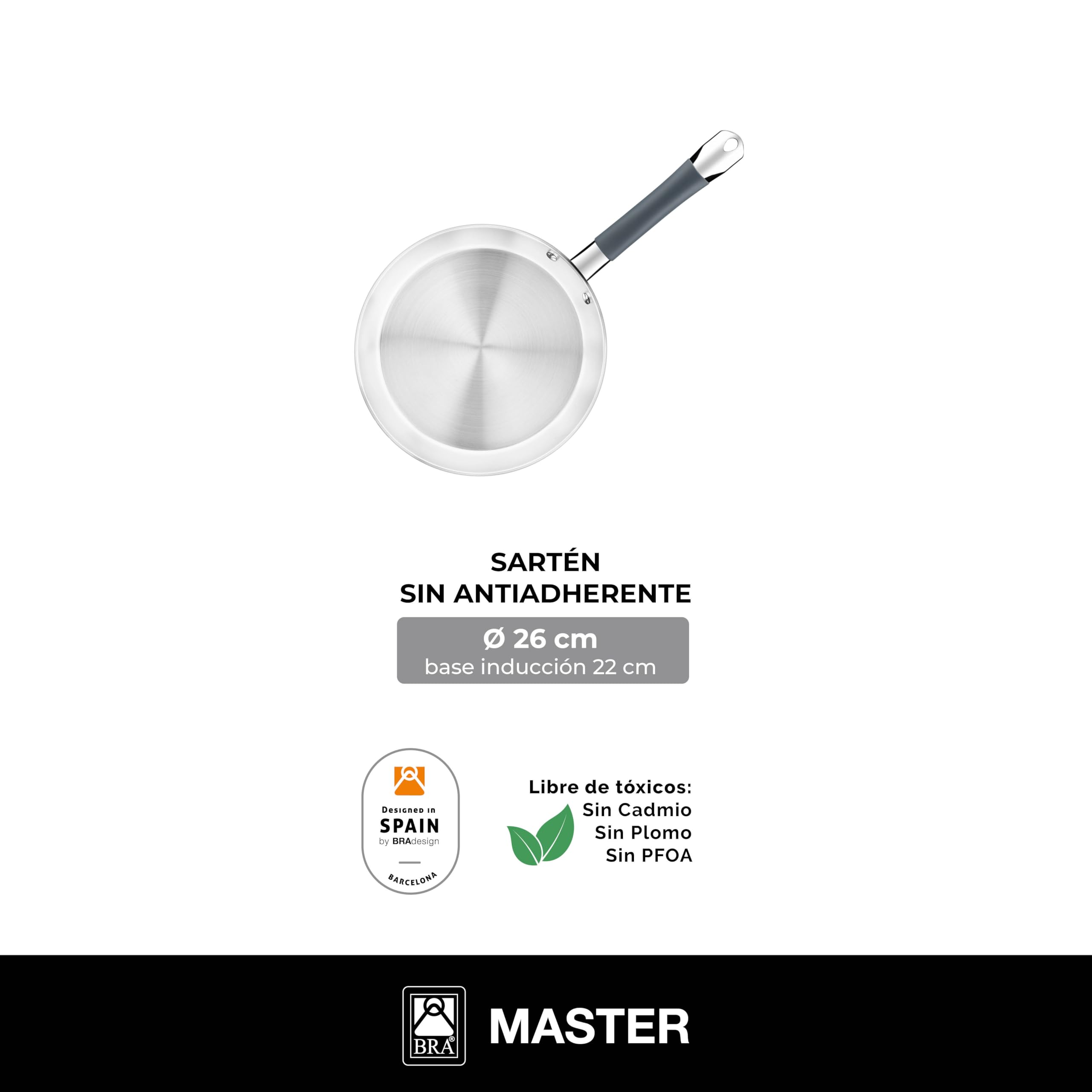 BRA Master | Sartén 26 cm, Acero Inoxidable, Sin Antiadherente, Sin PFOA, Full Induction, Apta para todo tipo de Cocinas, Mango acero inoxidable recubierto de Silicona — view 2