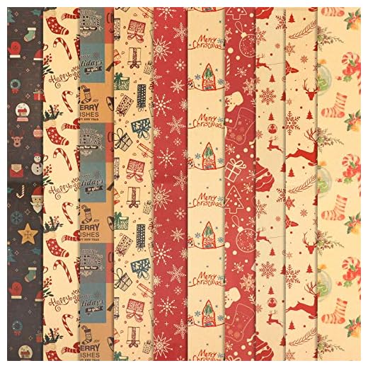 HOWAF 10 Hojas Papel, Grandes de Papel de Envolver navideño, 70 cm x 50 cm, 10 diseños, muñeco de Nieve , Papá Noel, árbol de Navidad, Reno