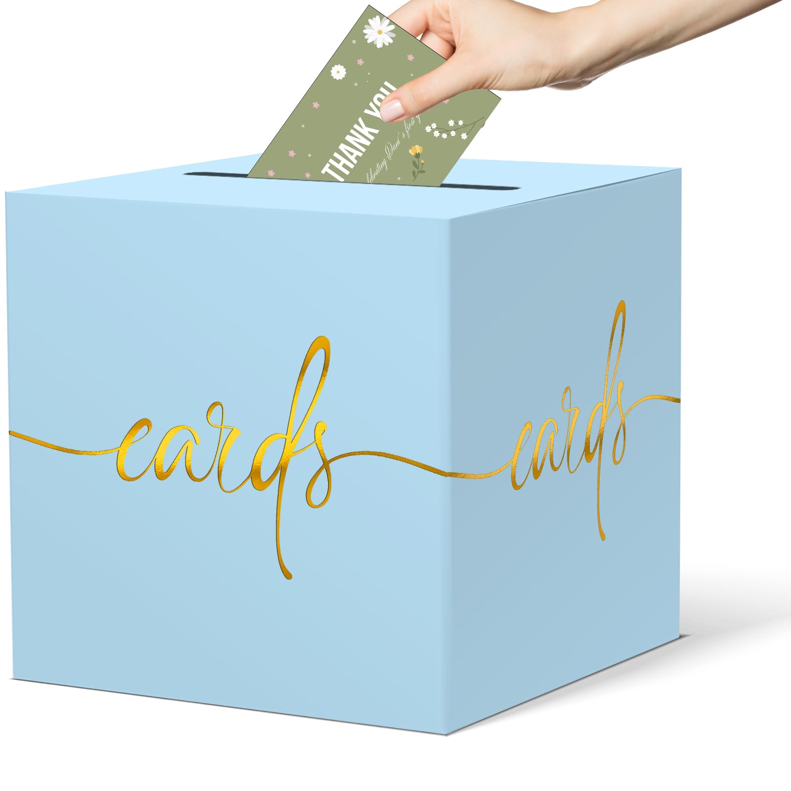 2 Pack Light Blue Card Box with Gold Foil Design, Paperboard 8.7" Card Box for Birthday Wedding Party Graduation Retirement Anniversary Valentine's Day &amp; Baby Showers, Raffle or Money Box