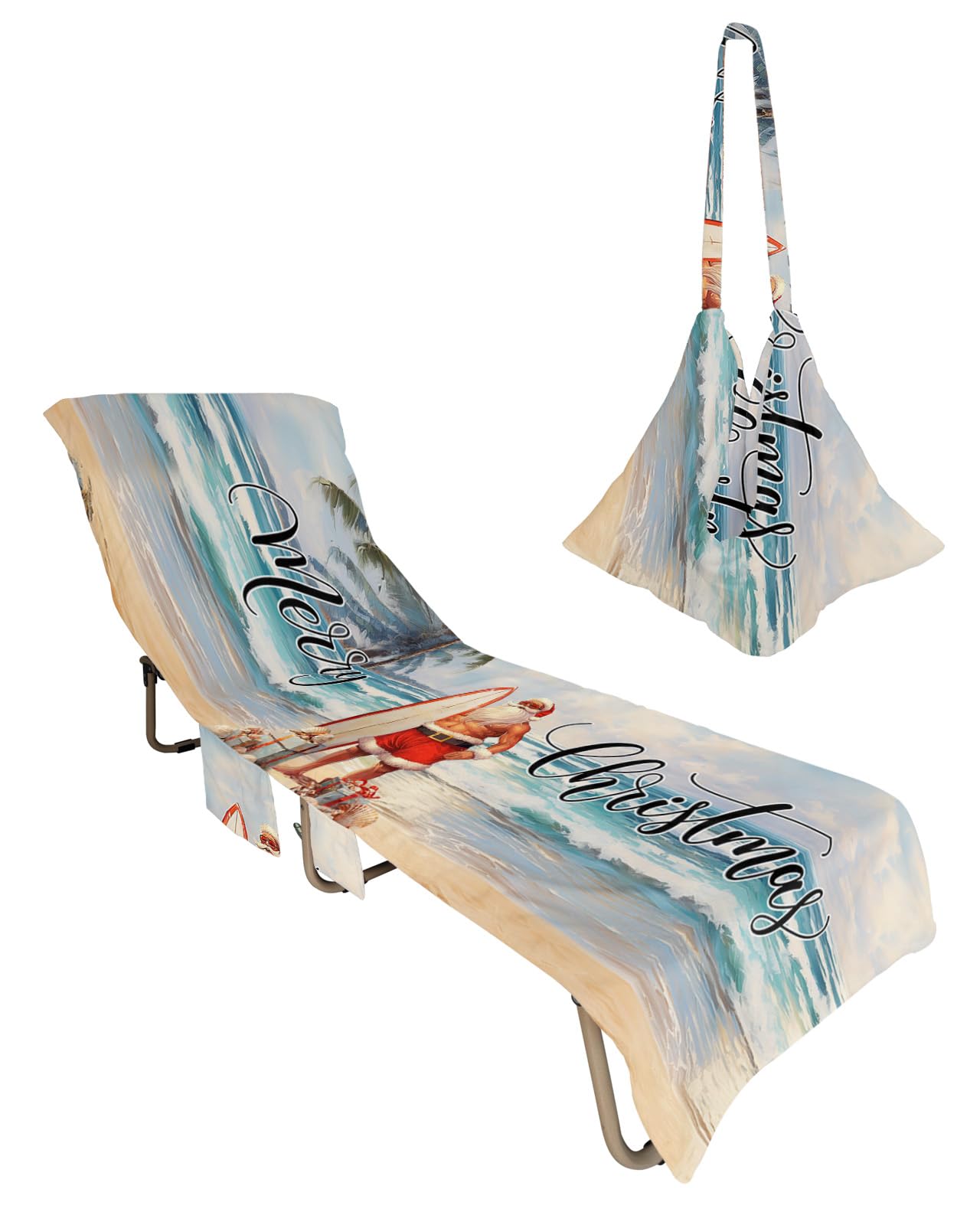 Christmas Summer Beach Chair Towel Covers for Chaise Lounge with Side Pocket, Soft Plush Pool Towels Cover for Patio Sunbathing Outdoor 29''x85'' Beach Santa Surfboard Painted