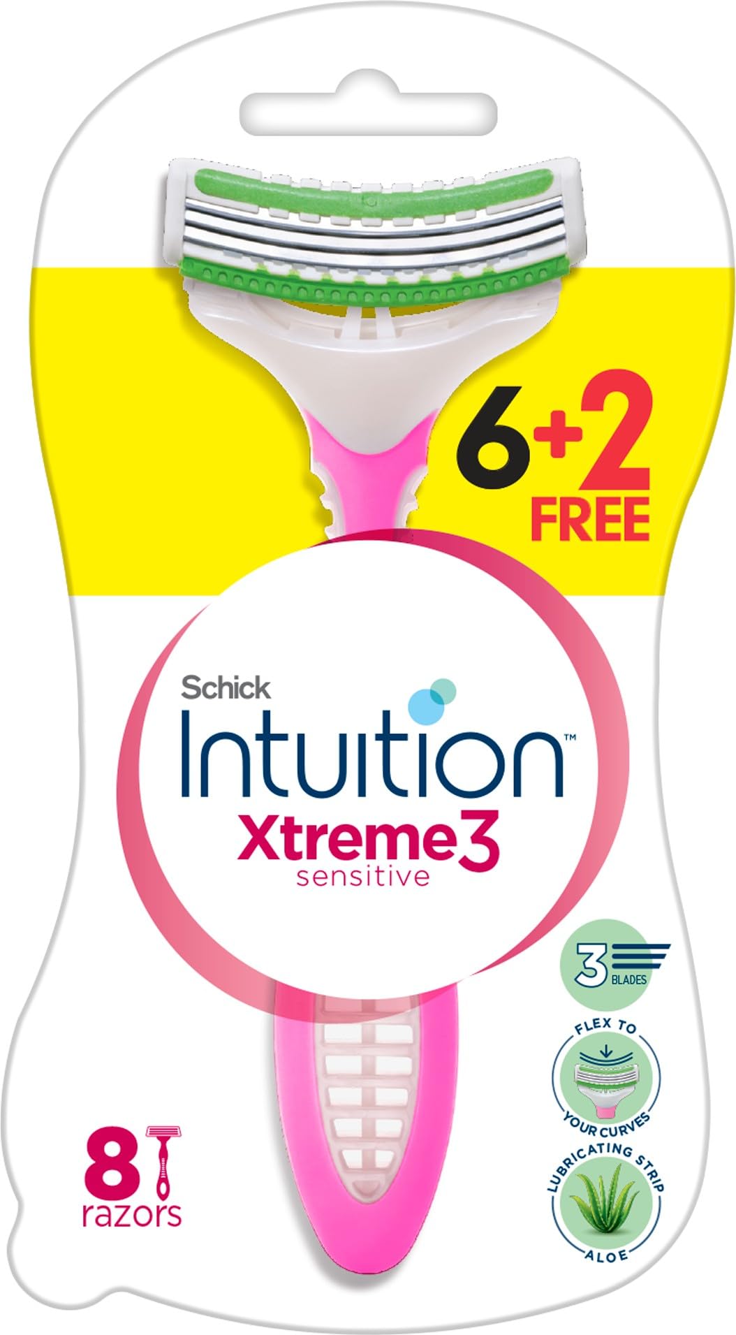 Xtreme3 Disposable Razor for Women, 6+2 Pack,Suitable for Sensitive Skin,3 Ultra thin blades, Flex to your Curves,Lubricating Strip with Organic Aloe + Vitamin E