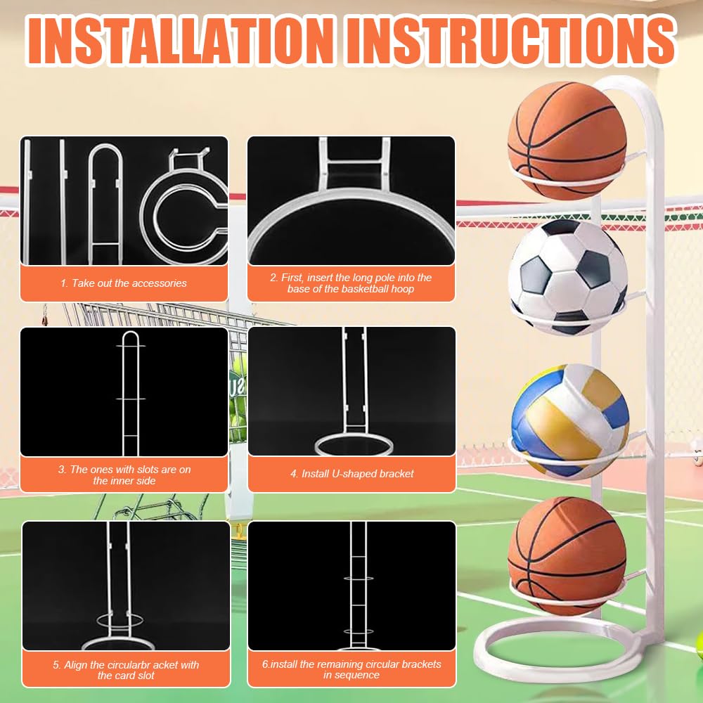 Soporte vertical para balones de metal, estante de 4 niveles para voleibol, baloncesto, fútbol (blanco)