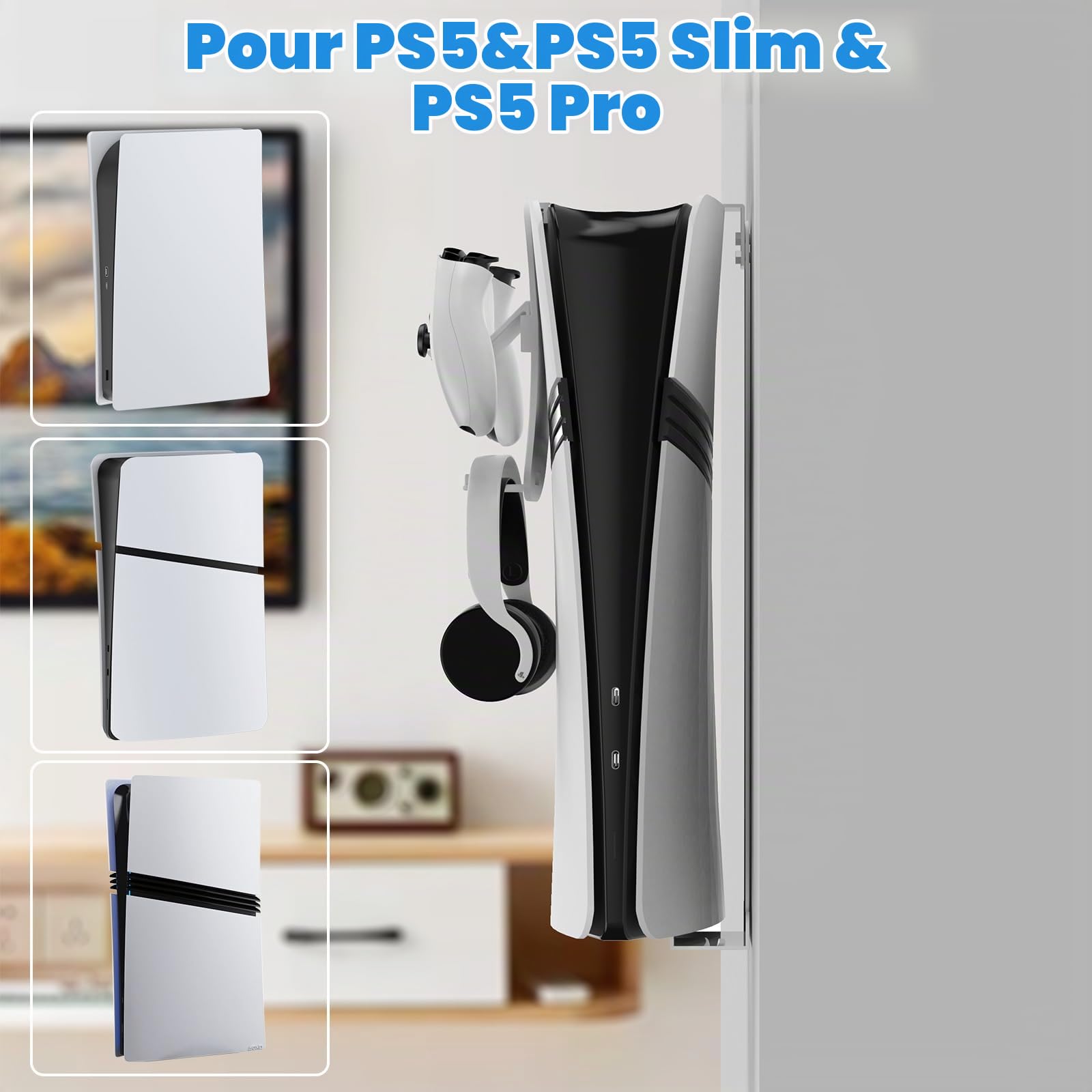 PS5 Support mural pour PS5 Slim et Pro en acier Playstation 5 Support mural avec support de commande et écouteur, vis de suspension éponge (blanc)