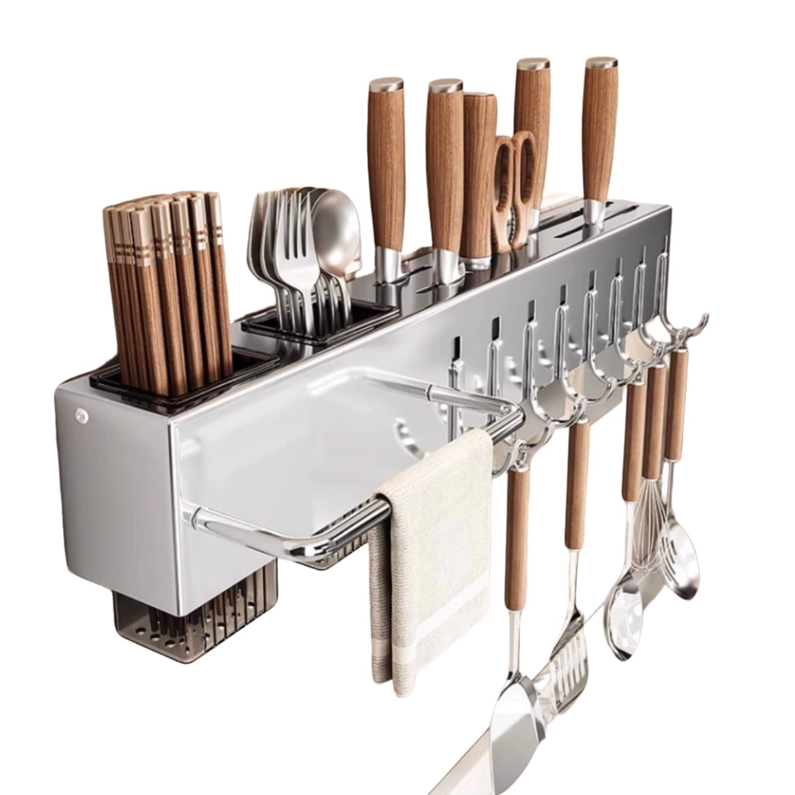 GLJTUO Stainless Steel Kitchen Rail with 8 Hooks - Wall-Mounted for Utens & Storage, 50cm Space-Saving Kitchen Shelf Solution, Ideal for Home & Restaurant (40cm 6 hooks),40cm 6 hooks