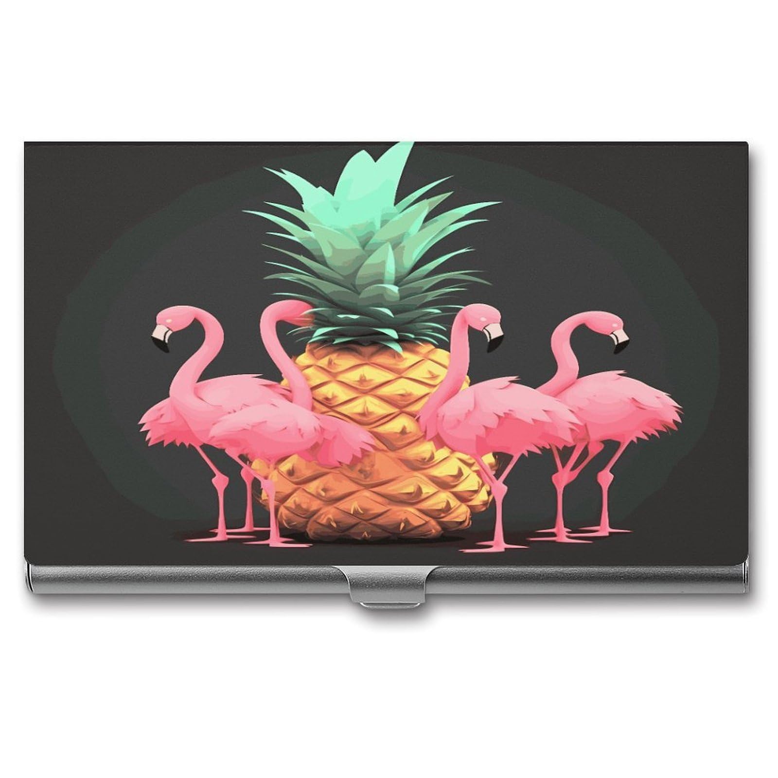FekiLoot Pineapple Flamingos Business Card Holder for Men Women Metal Slim Organizer Business Card Carrier Wallet Name Cards Holder Retro Slim Pocket Purse Small Portable Card Case