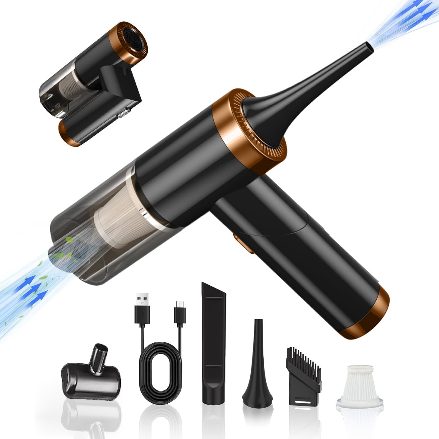 2 in 1 Car Vacuum Cleaner, Foldable Compressed Air Duster, Rechargeable Handheld Vacuum, Cordless Air Duster for Car/Home/Office/Pet, 9000PA/120W Powerful Suction, Battery 4000 mAh for 30 Minutes