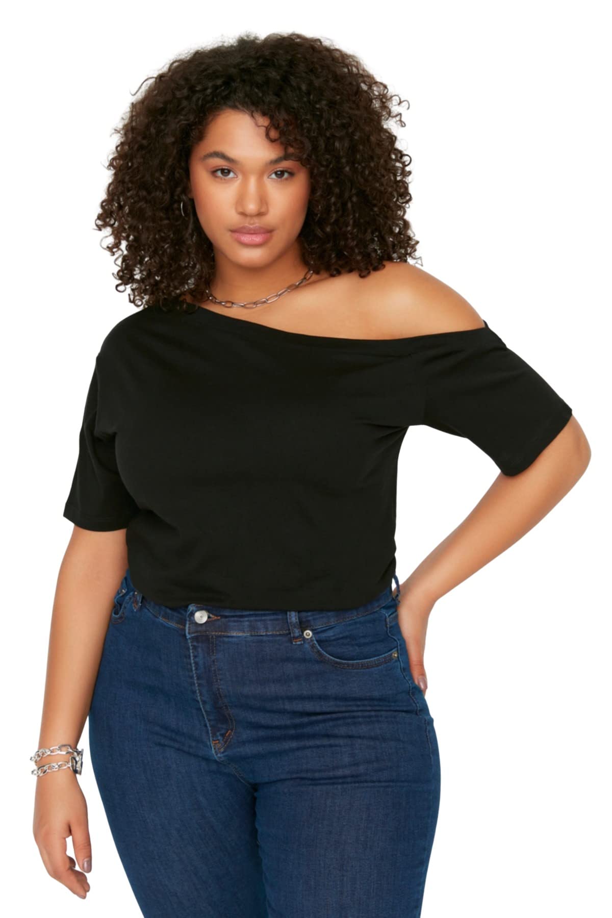 Trendyol Damen Schwarz Bluse Mit Umlegekragen, Übergröße, Xxxxxl