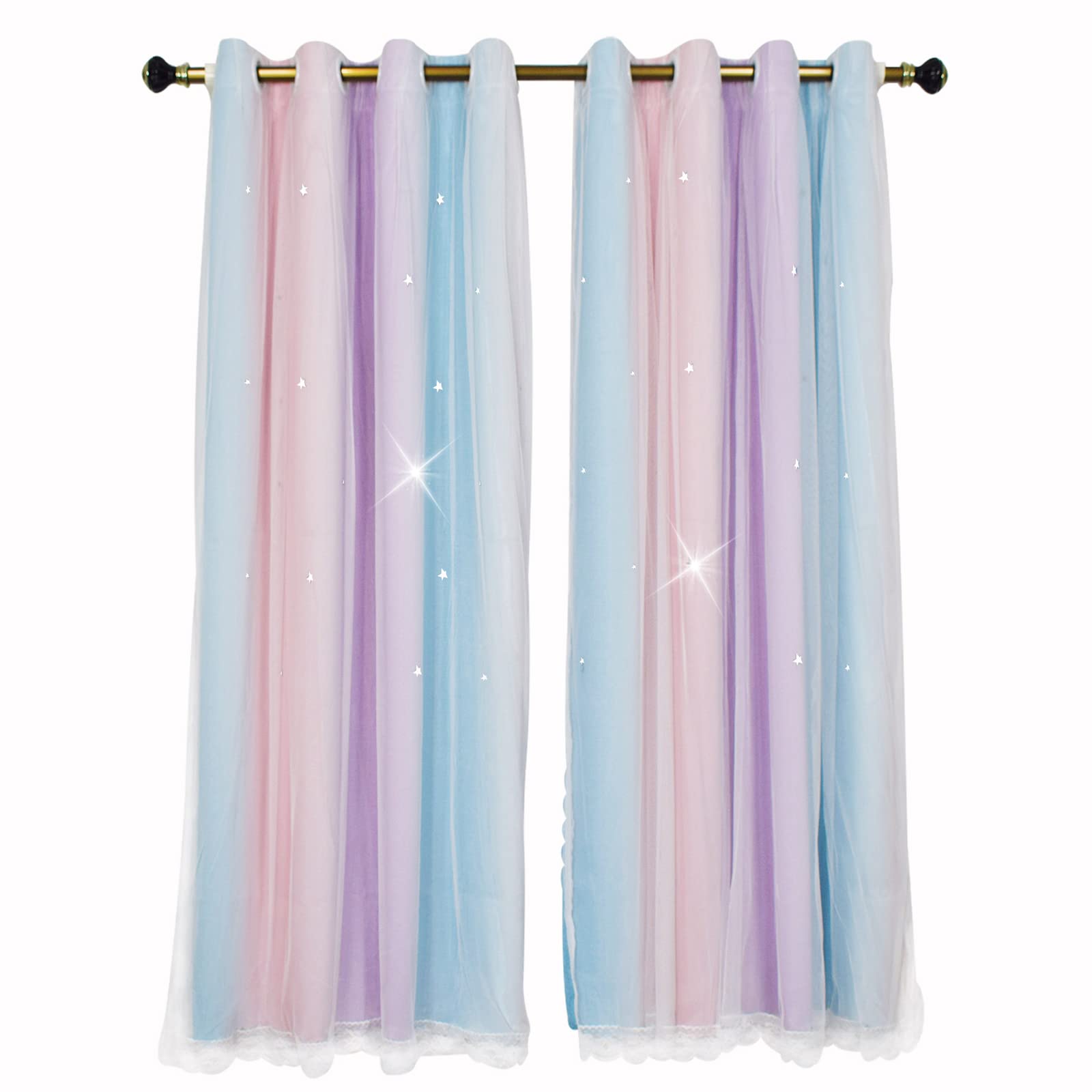 Tende Oscuranti Arcobaleno Con Stelle Laser - Doppio Strato Rosa E Viola - 132x160 Cm - 2 Pannelli Con Occhielli - 2