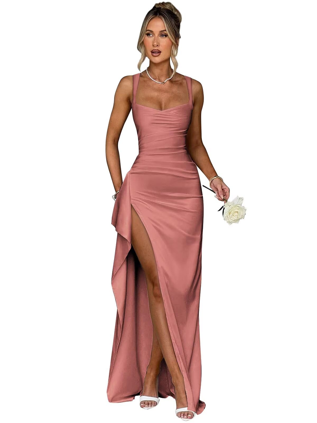 Satin Ruffle Prom Dresses Long for Women Spaghetti Straps Mermaid Slit Cocktail Dresses Formal Gowns for Teens