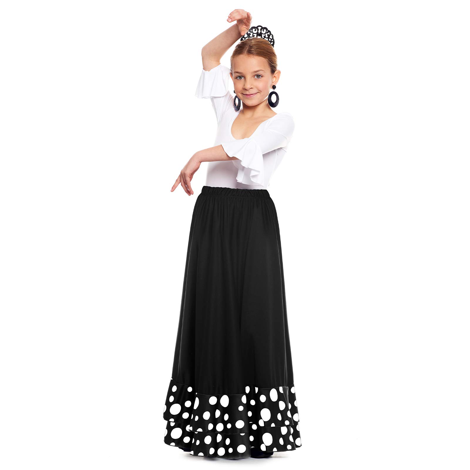 Falda Flamenca Niña Negra Lunares Blancos Volante Doble Tallas 2-12 años Disfraz Baile