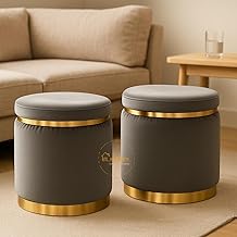 Elegant Small Wooden Velvet Ottoman - Puffy Stool for Living Room - Perfect Storage Footrest for Living Room, Bedroom, Office Multifunctional Footrest, Seat and Organizer - Set of 2 Grey