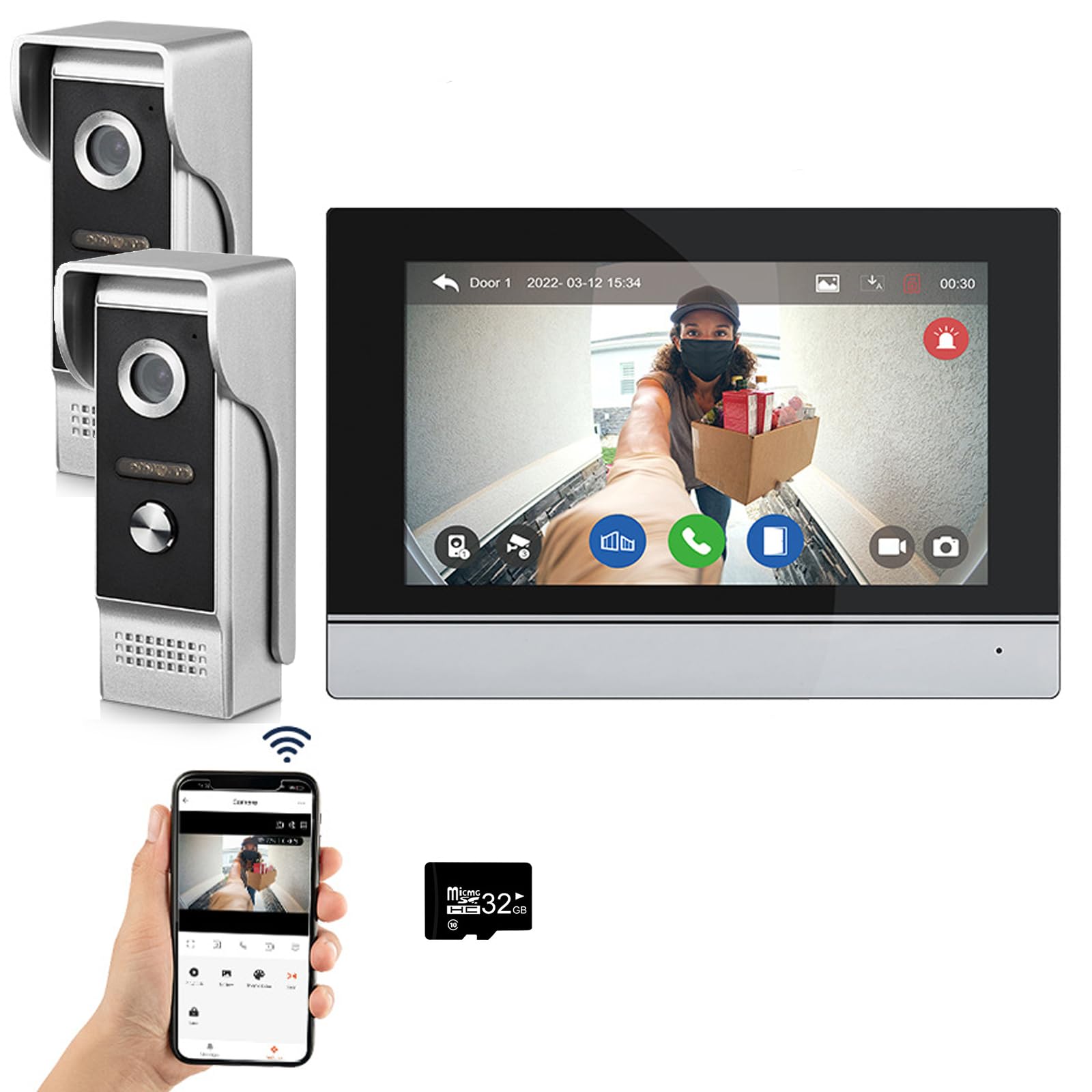 Sistema de intercomunicación de vídeo por cable Tuya WiFi 7 pulgadas de pantalla táctil 1080P timbre de la puerta inteligente Tuya APP Intercom Kit 2 desbloqueo de la puerta (2 Timbre+1 Monitor)