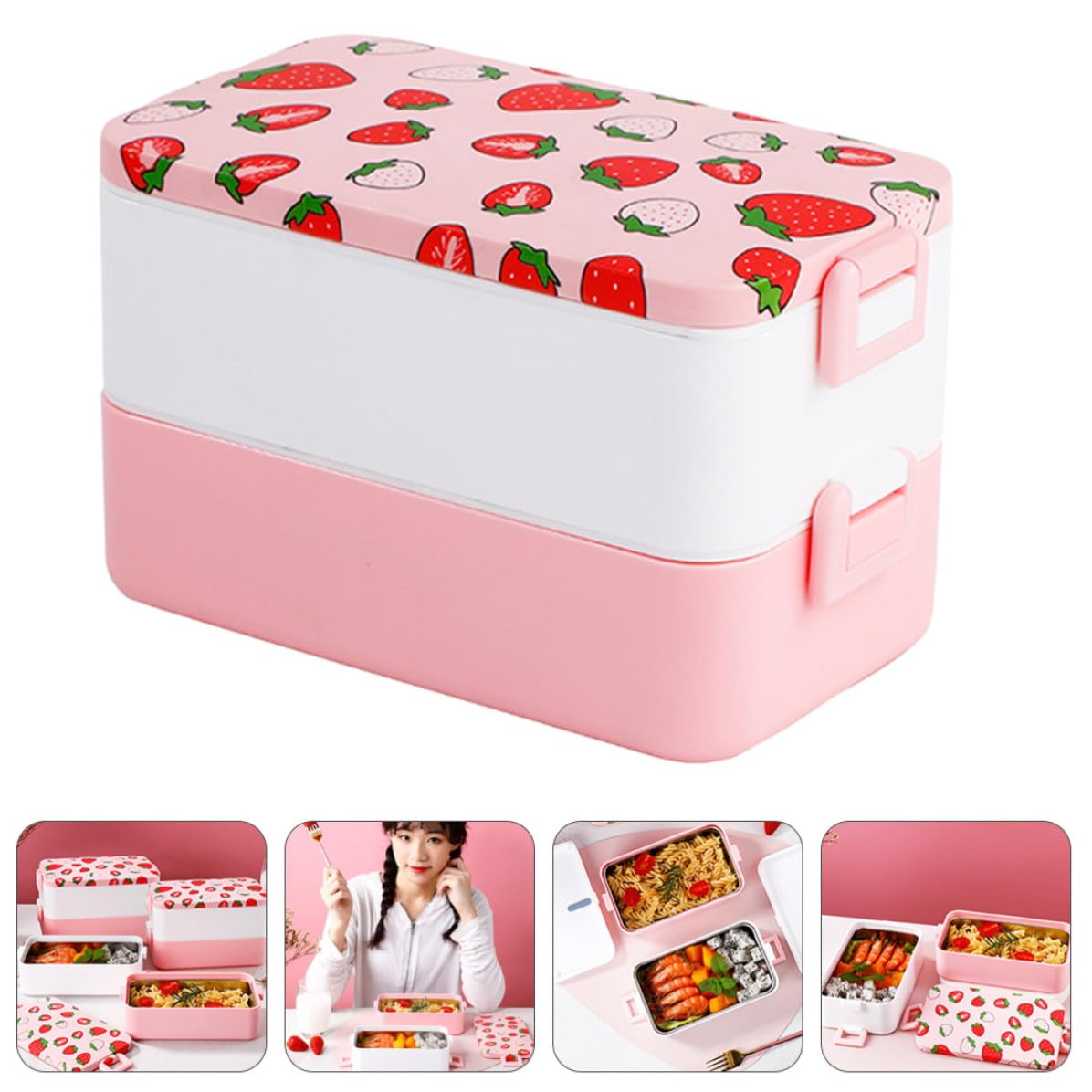 KICHOUSE Fiambrera Material Pp Diseño de Fresa Bento Portátil de 2 Niveles Resistente a Derrames Llevar Alimentos Cómodamente Adecuado para Oficina