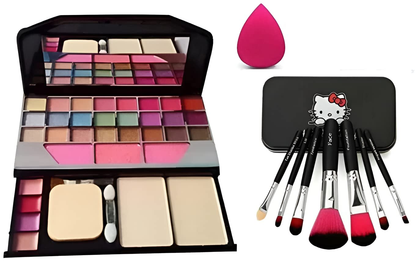 TYA Fashion 6155 Multicolour Makeup Kit with 7Pcs Black Makeup Brushes with 1 Pink Beauty Blender - (Pack of 9)