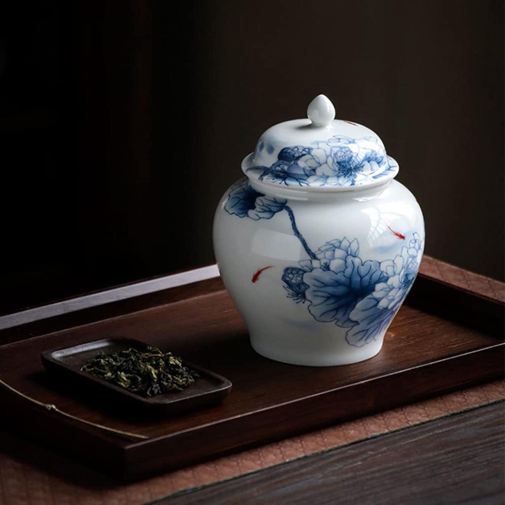 Herbata z cyny niebiesko-biały słoik z imbirem, słoik z kwiatami Chinoiserie do wystroju domu, słoik do przechowywania herbaty z hermetyczną pokrywką, herbata ceramiczna