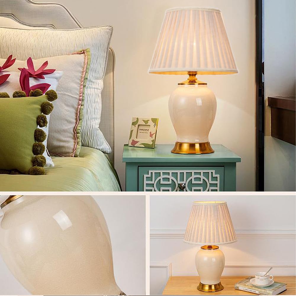 XINYASEE Lampada da tavolo in ceramica, lampada da comodino E27, base in ceramica e paralume in tessuto, adatta per la decorazione della camera da letto e del soggiorno (Bianco)
