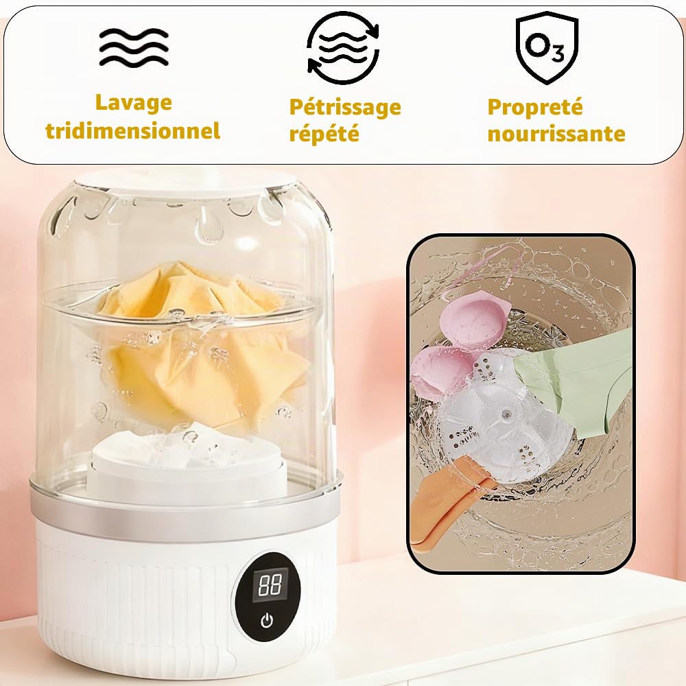 Machine a Laver Portable 1L, Mini Machine a Laver Sans Fil, Rechargeable, Mini Lave Linge pour Sous-Vêtements et Petits Vêtements, Convient pour la Maison, Les Appartements, Les Dortoirs