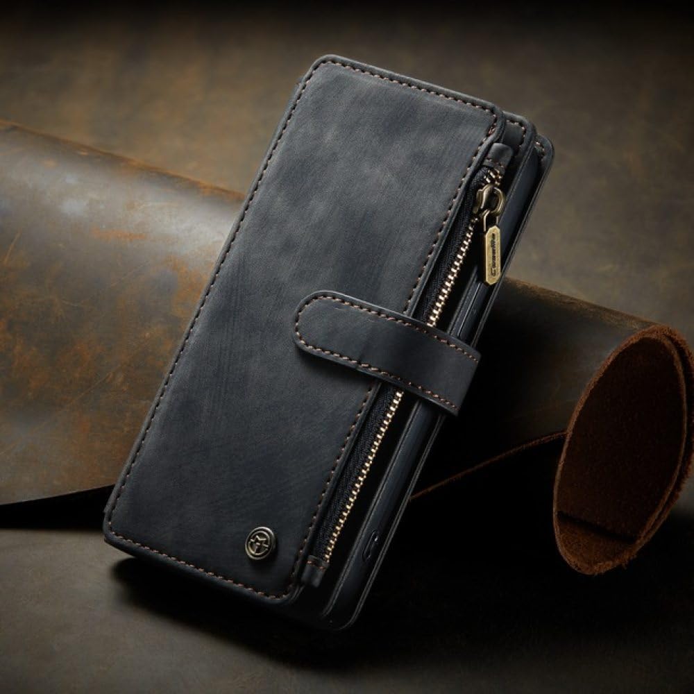 Funda tipo billetera de cuero de lujo para iPhone 15 14 13 12 Mini 11 Pro XS Max X XR Funda tipo billetera con ranura para tarjeta con cremallera para iPhone SE 7 8 Plus, negro, para iPhone 14 Pro
