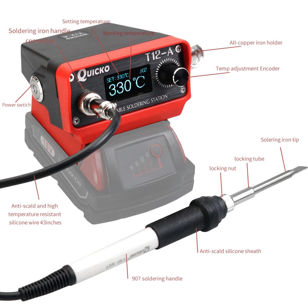 QUICKO STM32 V3 T12-A Cordless Soldering Station T12 Solder Iron for Milwaukee Li-ion Battery 18/20V Max for DIY Repair (Battery Not Included)