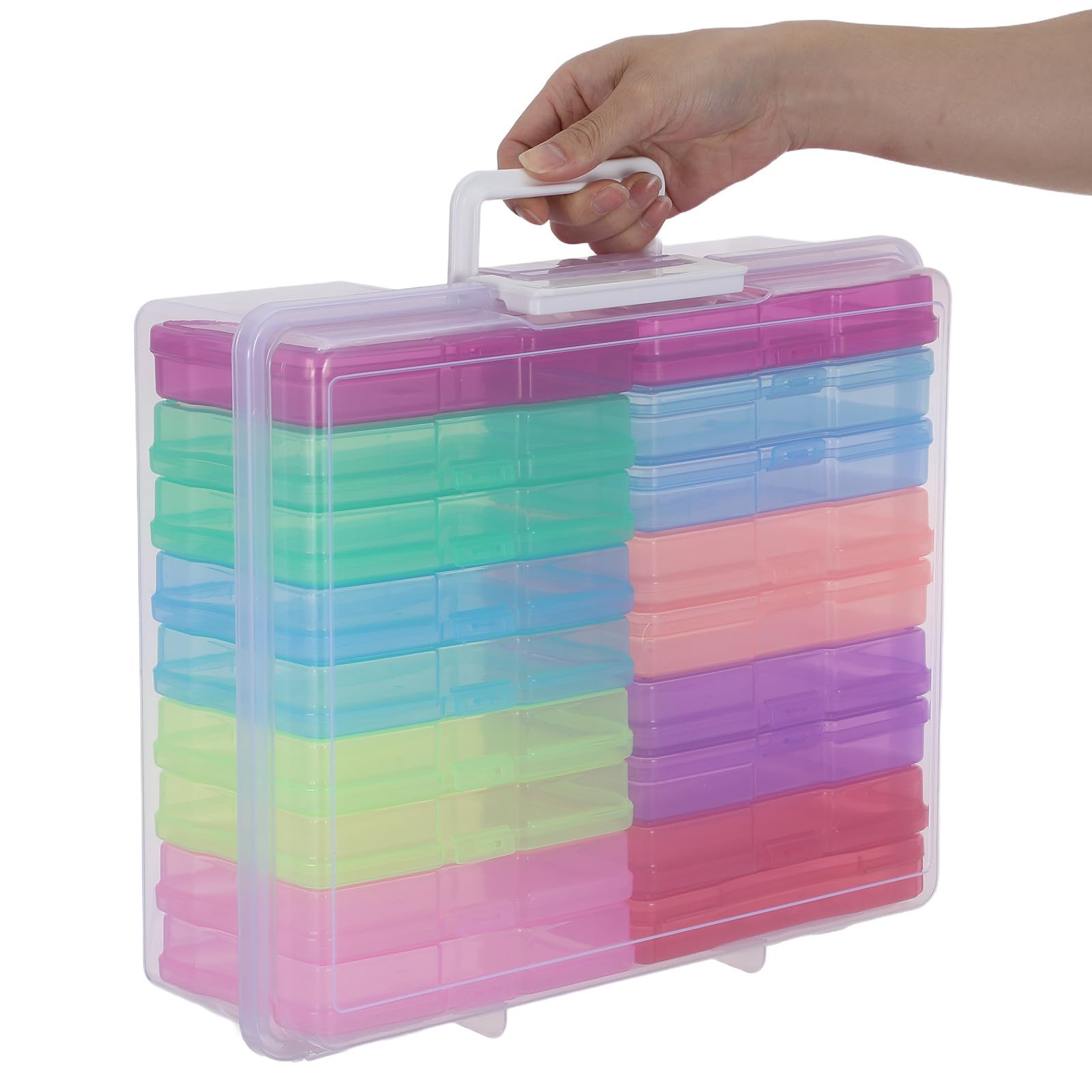 Generisch Transparente Fotoaufbewahrungsbox aus Kunststoff mit 18 Farbigen Innentaschen und Griff Leichter Organizer für Karten und Bastelbedarf für Zuhause und Büro