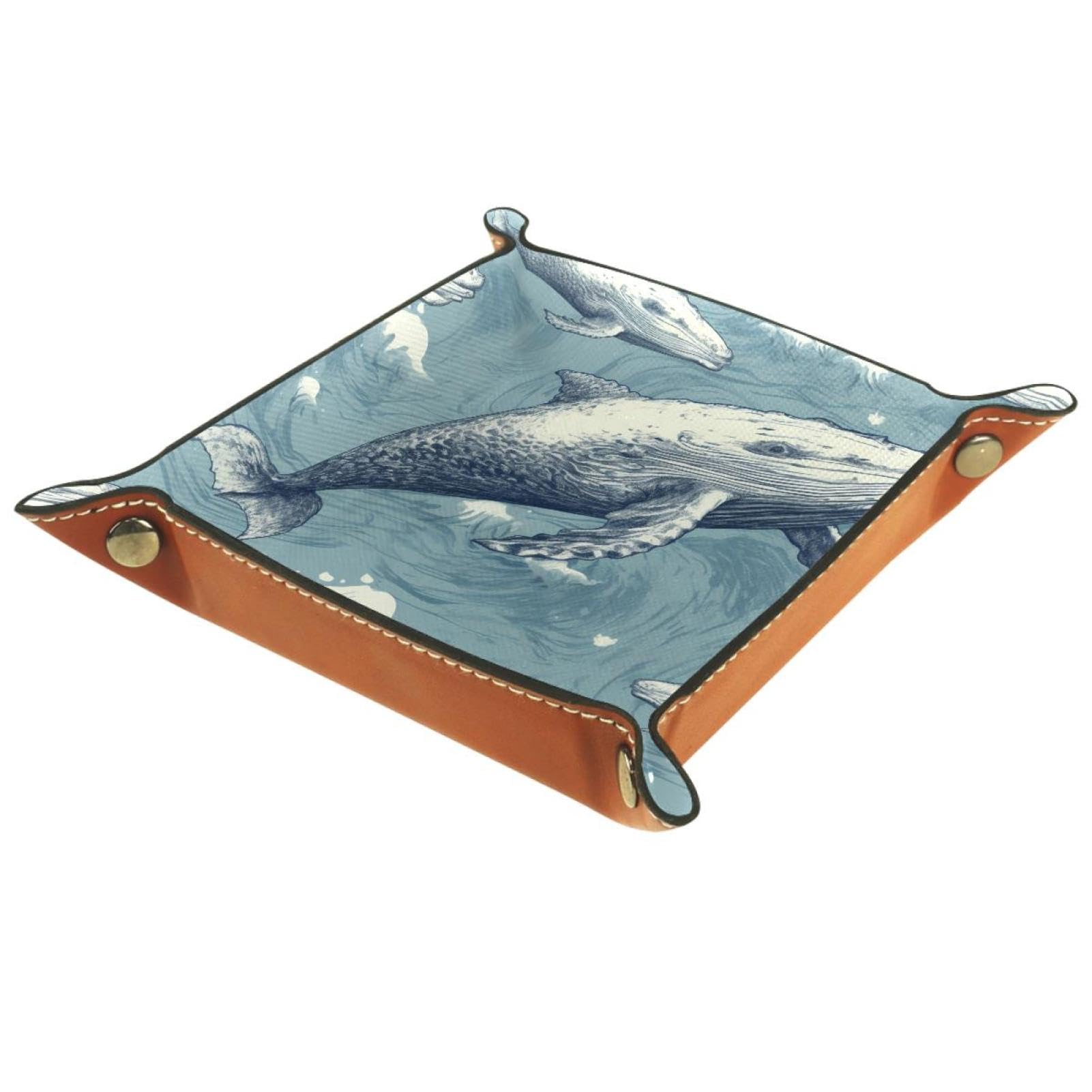 Retro Ocean Whales Folding Rolling PU Leather Valet Catchall Organizer, Brown, Small Jewelry Candy Key Trays Storage Box for Decor & Entryway, Black & White, 16x16cm, snh-001