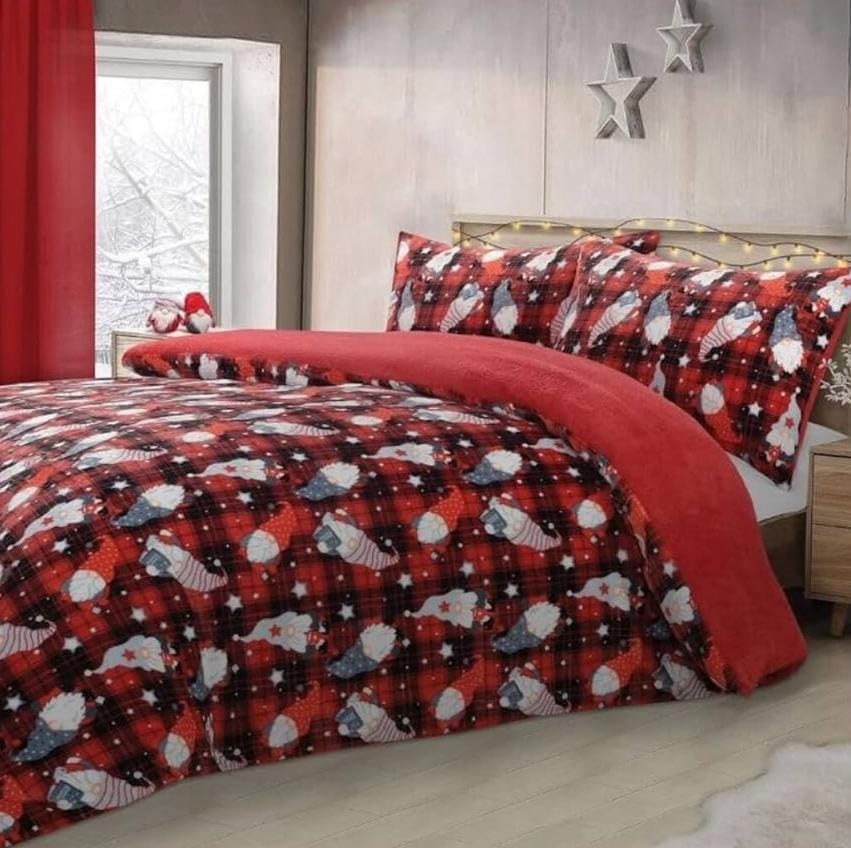 Bluemoon Bedding Teddy Fleece Duvet Cover Set Christmas Gonks Soft Warm Cosy bedding (Red, Double)