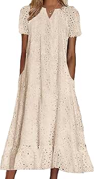 chouyatou Women Summer Ruffle Hem Floral Lace Eyelet Dress Casual