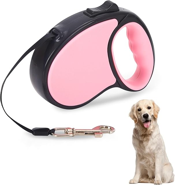 Retractable Dog Leash,5M Long Extendable Dog Lead Tangle-Free Strong Durable Non-Slip Handle Pause Control Release Nylon Puppies Ropes Long Line Dog Leads Metal Clasp for Small Medium Dogs (Pink)