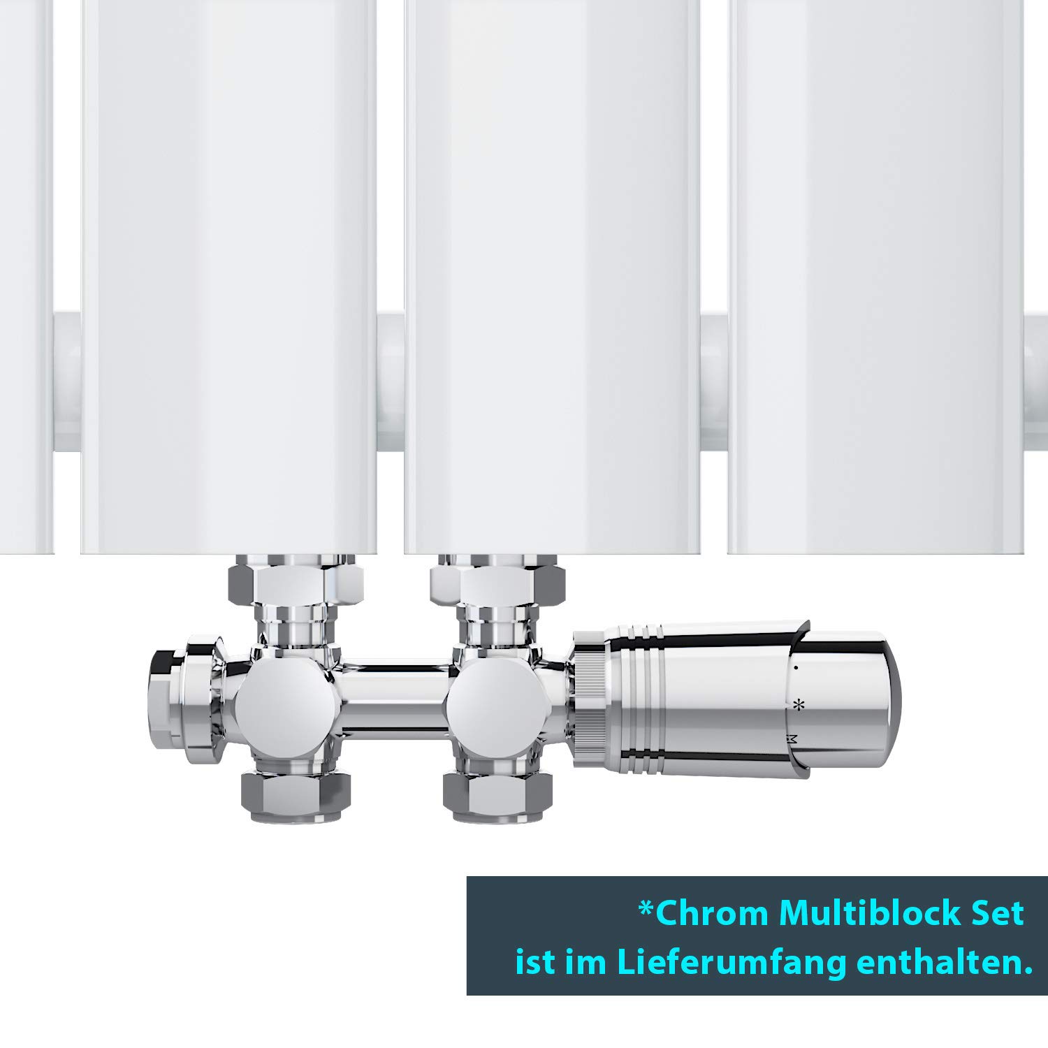 ELEGANT Heizkörper Flach 1600x308mm Weiß Vertikal mit Chrom Multiblock Thermostat Mittelanschluss