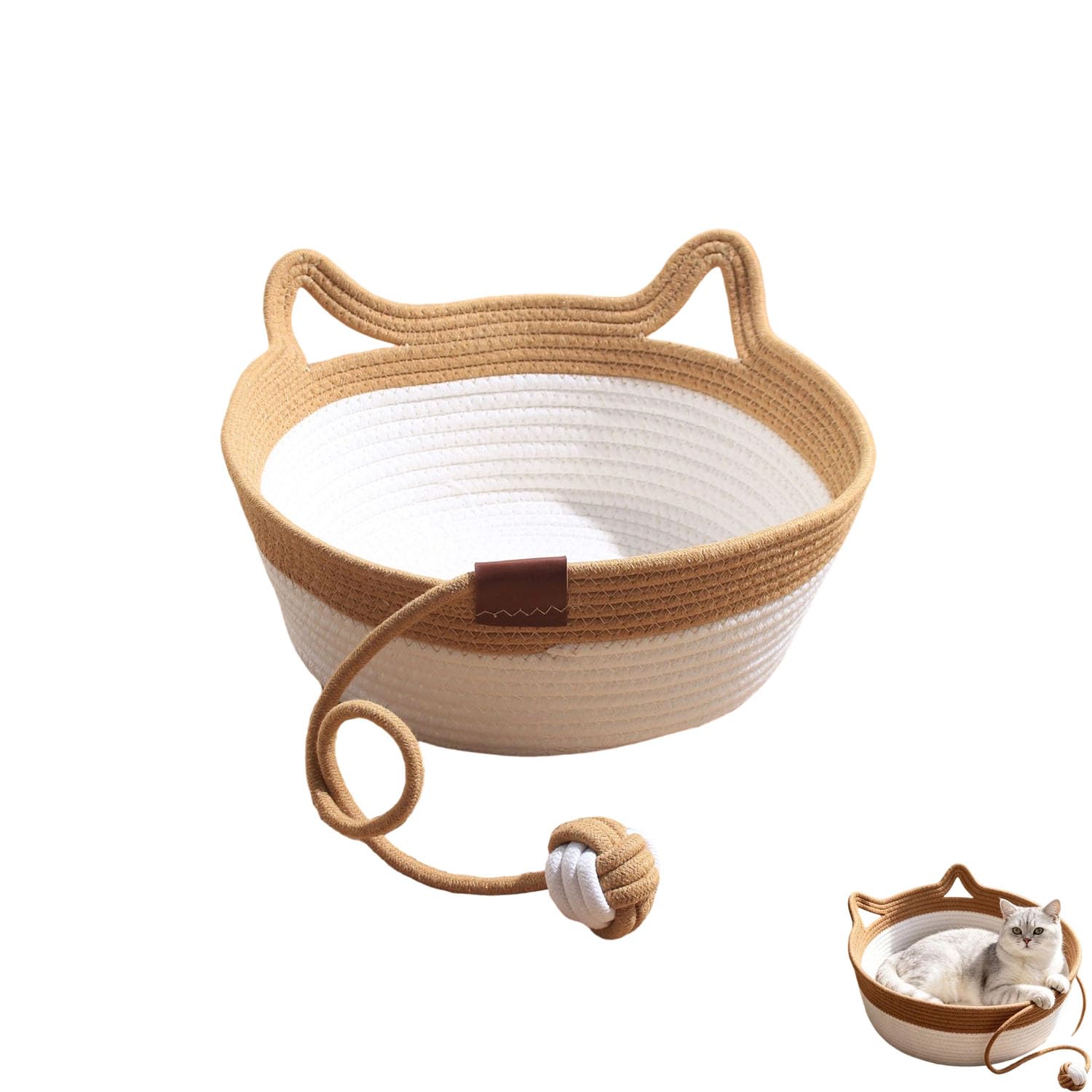 Cat Basket Bed, Cat Rope Basket with Cushion & Hanging Ball Toy, Washable Kitten Sleeping Bed for Indoor Cats All Season Use, Breathable, Scratch-Resistant & Easy to Clean (Brown_S)