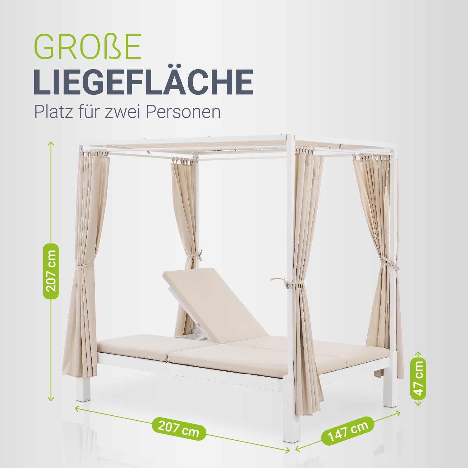 Juskys Doppel Loungebett Kreta - Gartenliege für 2 Personen - Dach & Rückenlehne verstellbar - Sonnenliege für Terrasse, Garten & Balkon - Liege Weiß