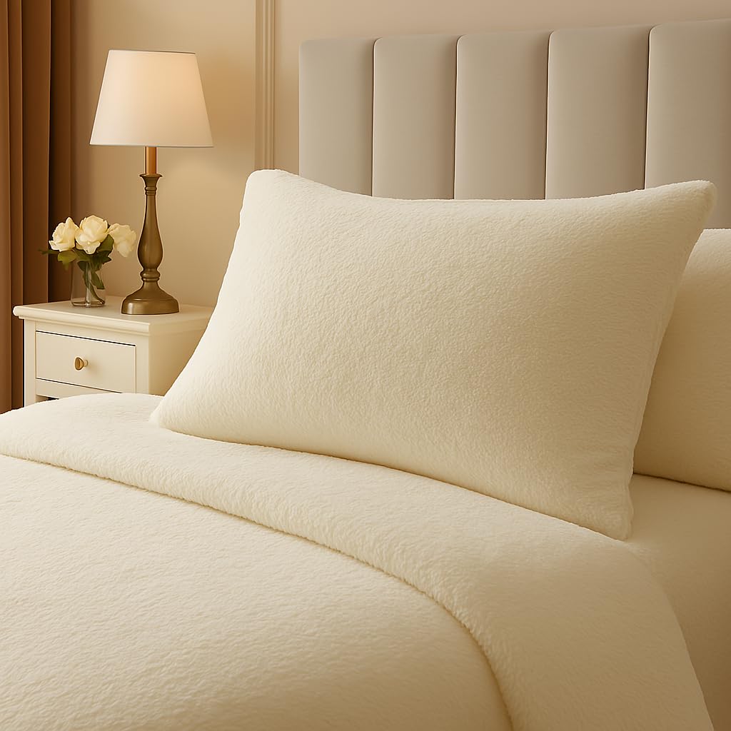 Night Zone Teddy Bear Pair Pillowcases Warm Cosy Soft Plush Fleece Pillow case (Cream)
