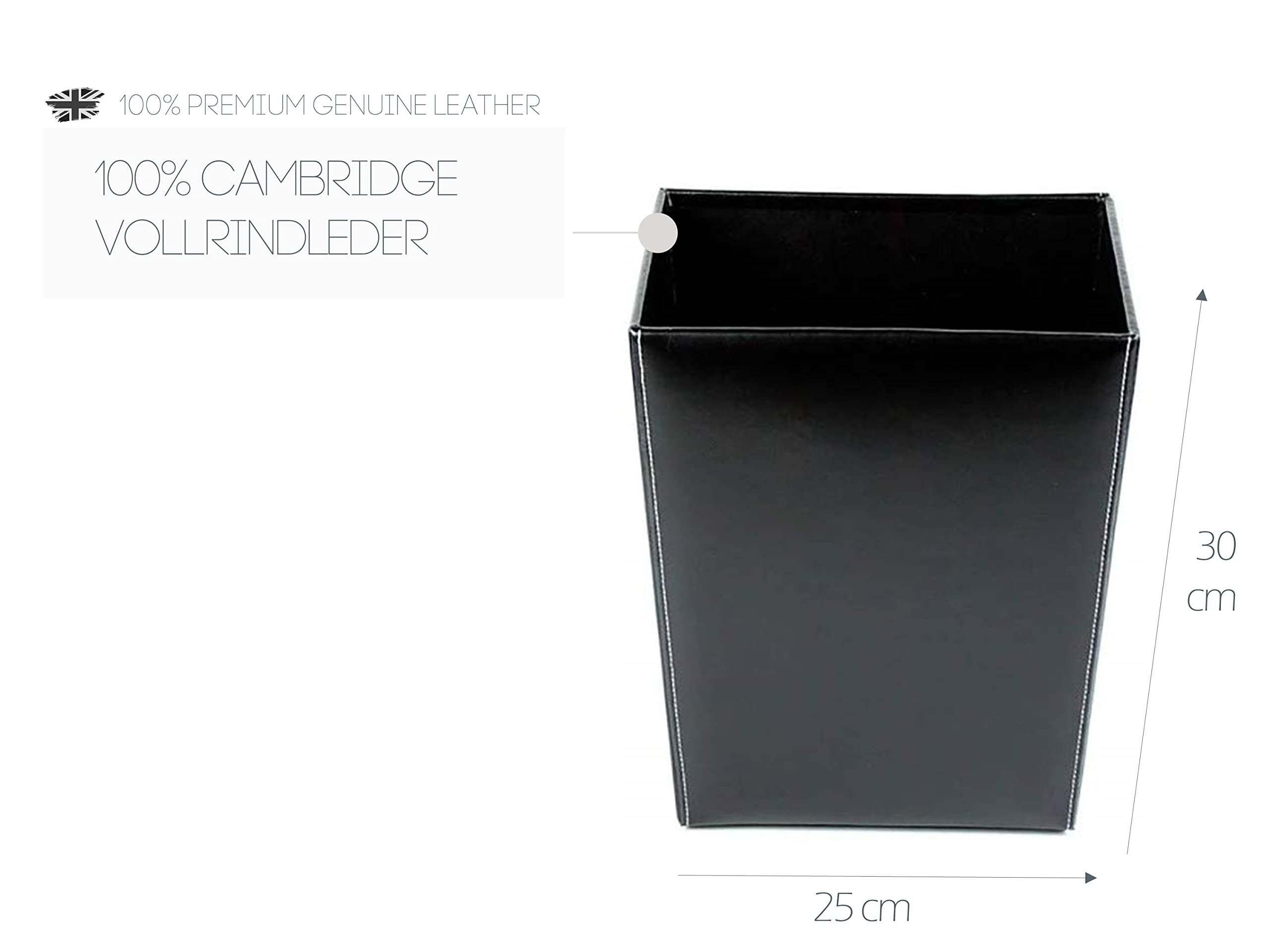 DELMON VARONE - Papierkorb aus Cambridge Top Grain Leder schwarz, Stilvoller Papiereimer für Büro, Schreibtisch und Zuhause, offener Vintage Abfalleimer aus Premium Echtleder, Maße: 25 x 21 x 30 cm
