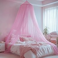 LionLively Pink Princess Bed Canopy for Girls - Round Dome Mosquito Net Curtain, Dreamy Ceiling Tent for Twin Full Queen Beds