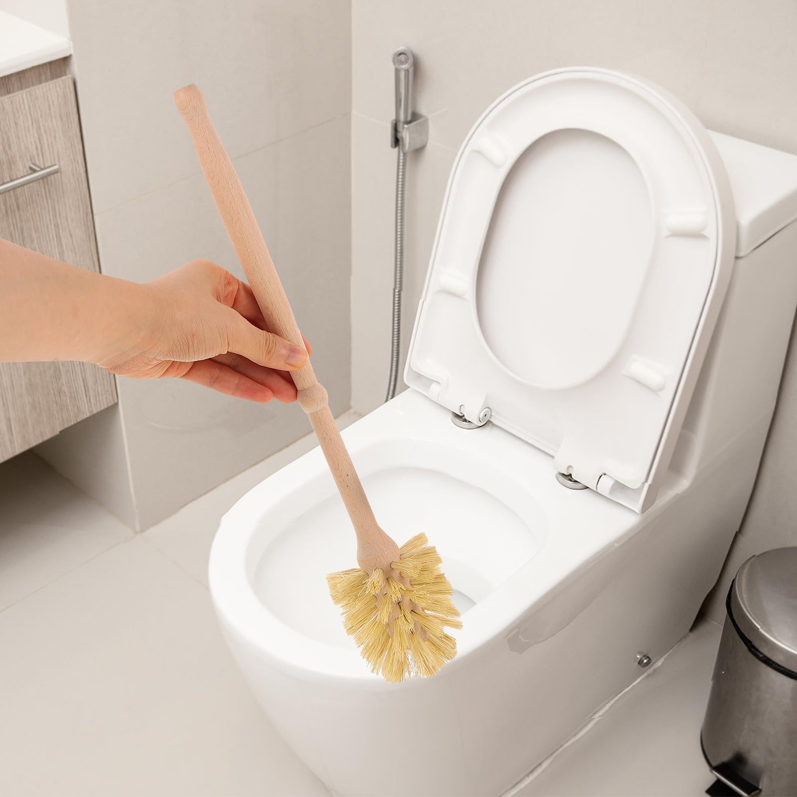 TEHAUX Escobilla para Inodoro con Cerdas Suaves, Mango Ergonómico y Base de Cerámica y Madera de Haya, Cepillo de Limpieza para Baño Doméstico, Soporte Estable para Uso en Hogares