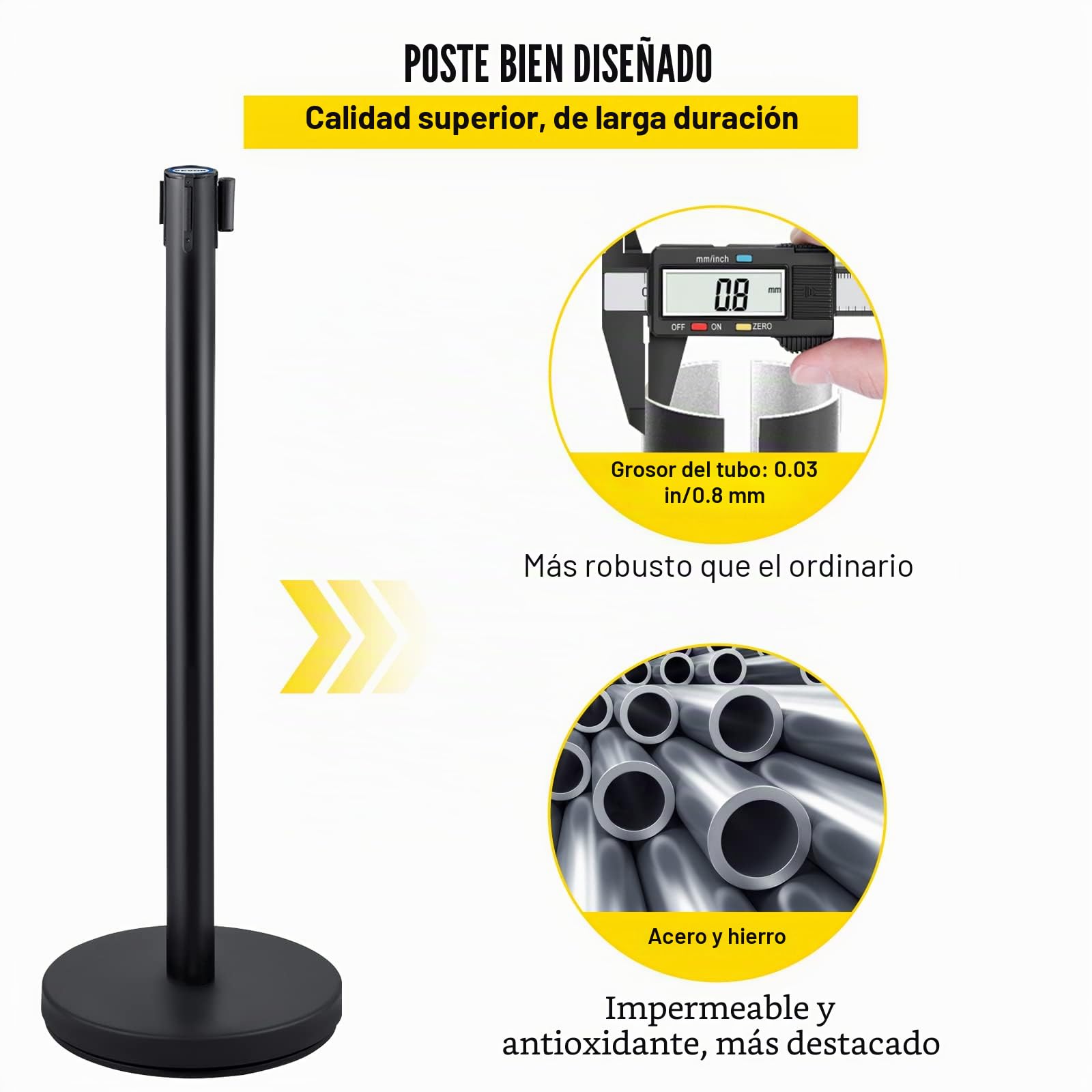 VEVOR Postes Separadores 4 piezas 90 cm Negros Poste Separador con Cinta Extensible 2 m Conexión 4 Vías 22 kg Postes de Barrera Control Multitudes Retráctiles Base Estable