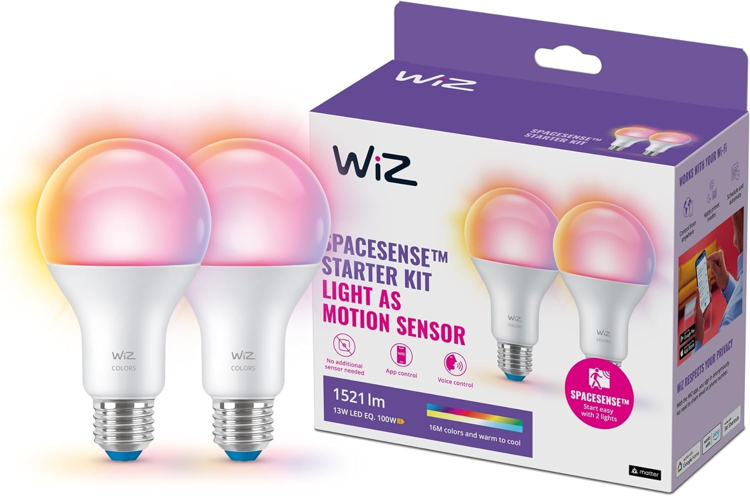 WiZ Lampadina Smart Goccia Smerigliata, 100W, E27, 2 Pezzi, Tecnologia SpaceSense, Controllo Vocale, Luce Bianca o Colorata, Dimmerabile