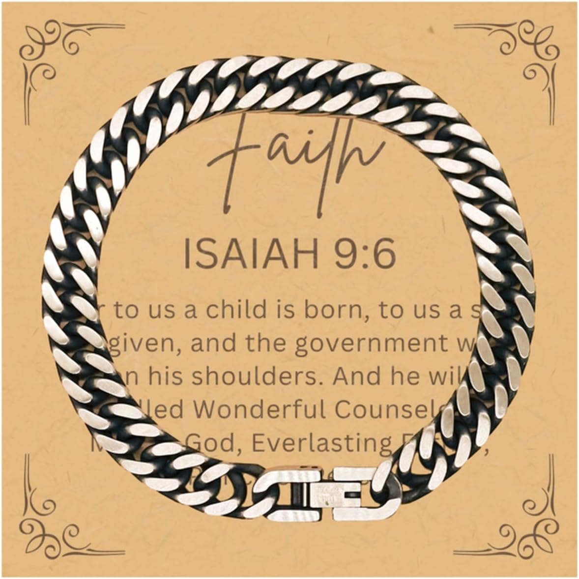 PARN'S Gifts For Christian Bible Verse - Isaiah 9:6 - Cuban Link Bracelet Faith Gifts For Son Dad Brother Nephew Boyfriend Husband, Religious Jewelry Bracelet Message Card Box