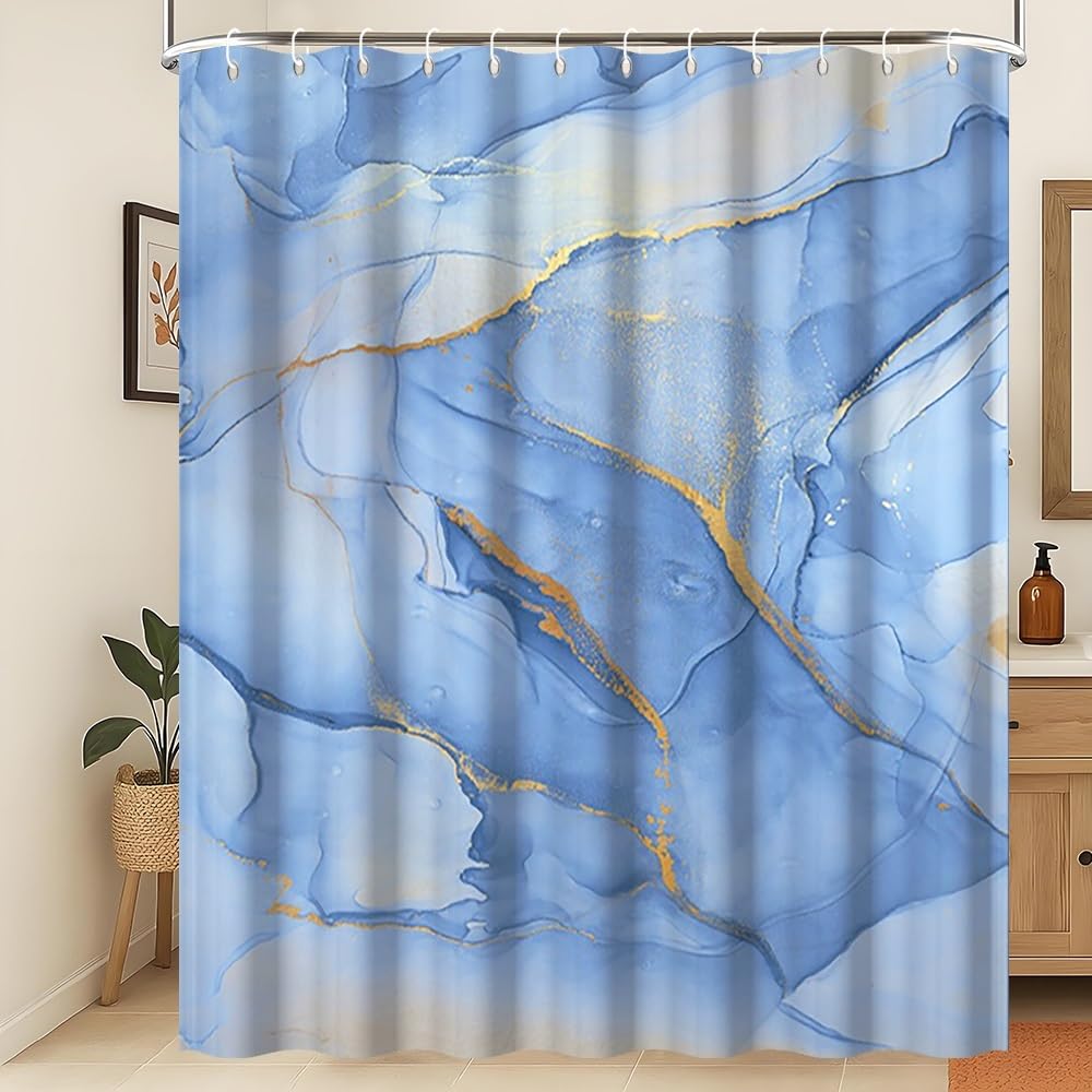 Xiaoterna 180x180cm Marble Shower Curtain White Grey Blue Gold Dots Waterproof Polyester Bathroom Curtain Luxury Modern Aesthetic Artistic Washable Mildew Resistant Bathroom Decorative Fabric