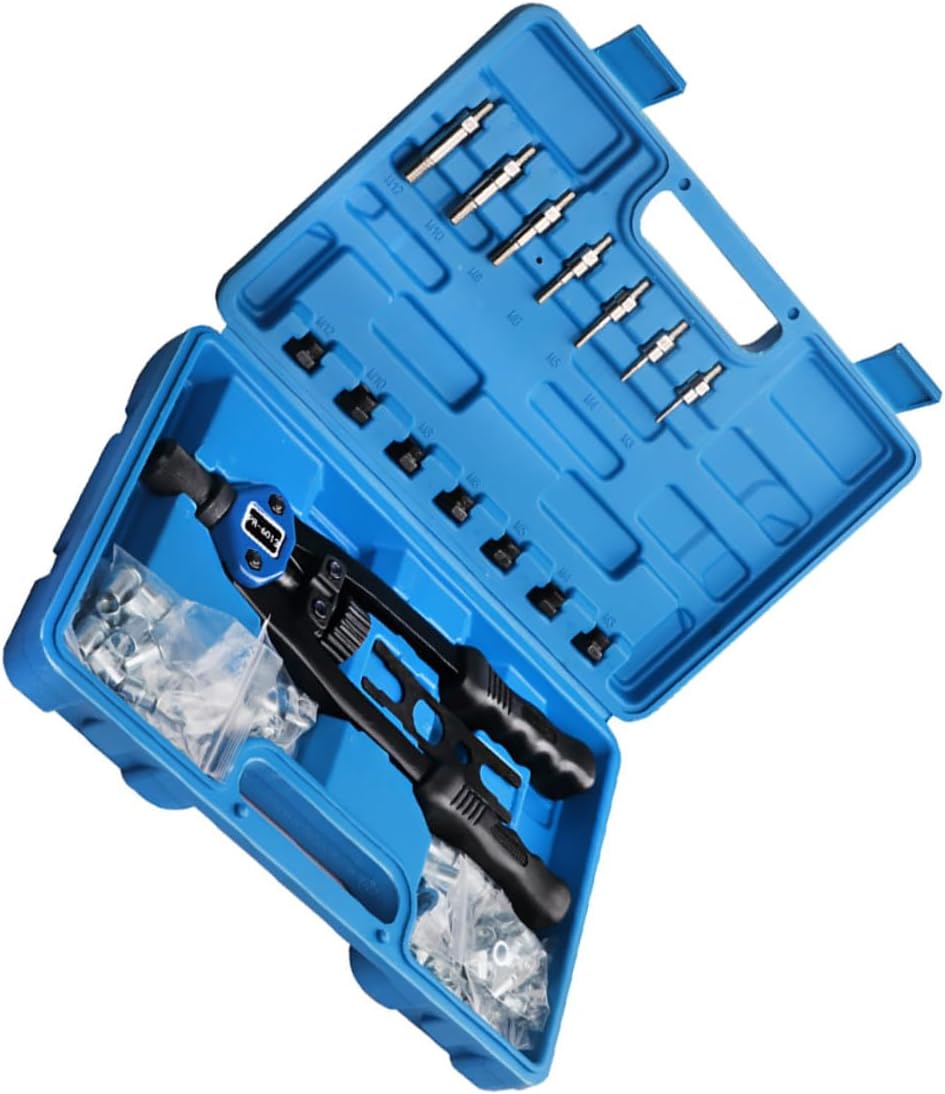 140pcs Hand Rivet Nut Tool Kit with M3-m Large Threaded Nuts Manual Riveter Setter Kit in Plastic Case for Automotive Repair and Mechanical Assembly