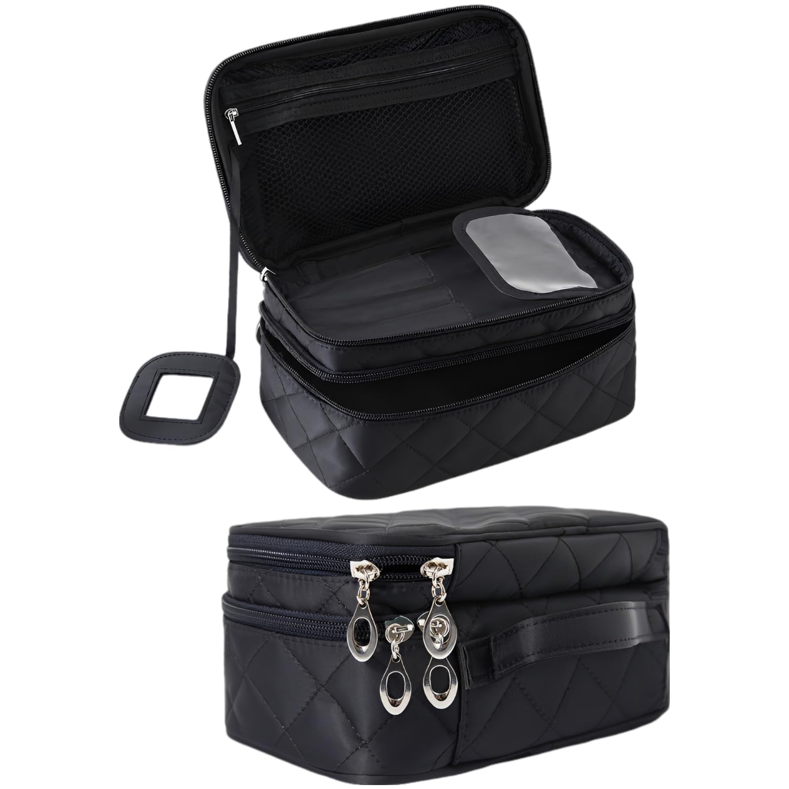 Kosmetiktasche mit Steppung, doppellagige Nylon Make-up Tasche mit Spiegel, wasserfeste Reise-Kosmetiktasche für Pinsel und Pflegeartikel, Hand-Organizer für Urlaub, Business und Training, Schwarz