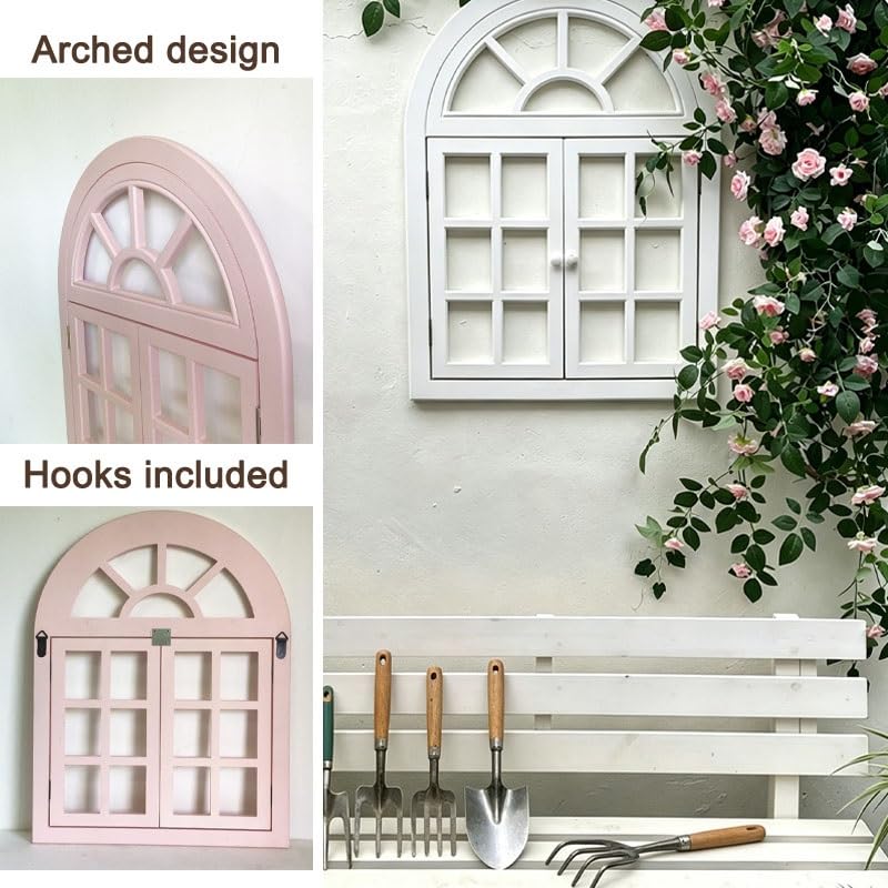 Marco Ventana Madera con Puertas Abatibles, Decoración Pared Rústica(Blanco)