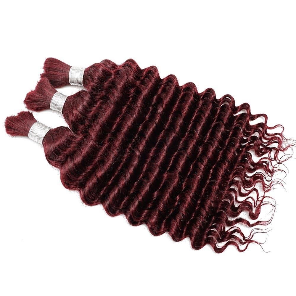Trenza de Cabello, Extensiones de Cabello Humano Color Burdeos a Granel for trenzar, mechones de Cabello Peruano con Ondas Profundas, sin Trama(22inch)