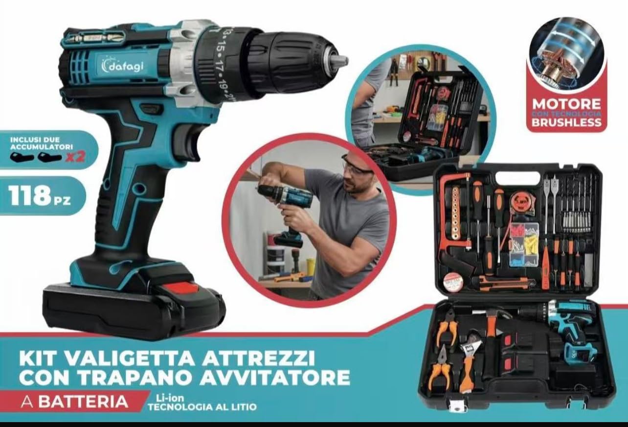 Trapano Avvitatore a Batteria Brushless con Valigetta – 2 Batterie al Litio Incluse – Kit Attrezzi Completo 118 Pezzi – Avvitatore Elettrico Professionale per Casa e Fai da Te