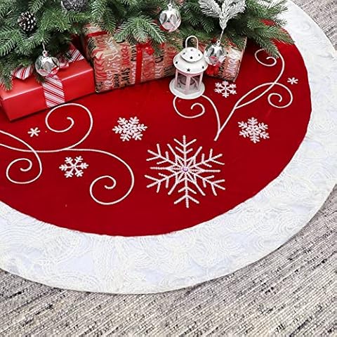 PIKRONSH Christmas Tree Skirt, 32 Inch Red Velvet Tree Skirt with Embroidered Snowflakes Sequins White Trim Border, Holiday Party Tree Decoration Cover