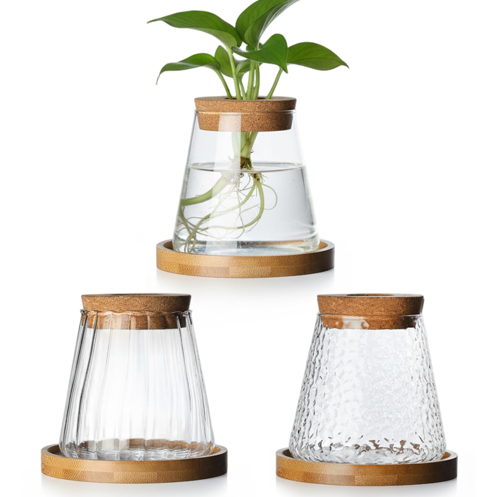 Wilafury 3Pcs Hydroponics Plants Terrarium, Vintage Small Vases with Cork Stoppers & Wooden Stands for Hydroponic Plants, Office Desk Decor, Terrarium Jar