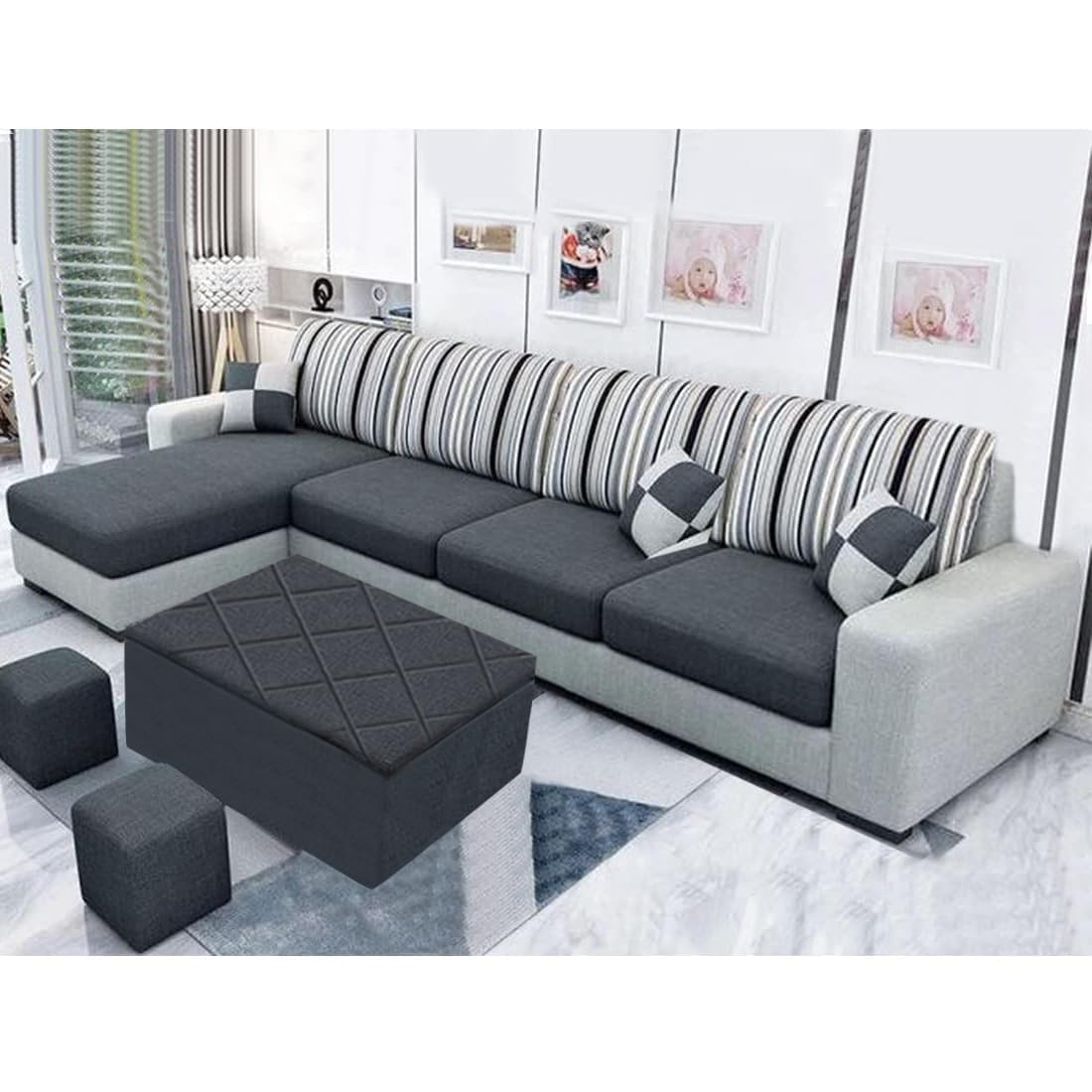 Sleepify Luno 8 Seater Fabric LHS L Shape Sectional Sofa Set with 1 Centre Table & 2 Puffy (Dark Grey-Light Grey)