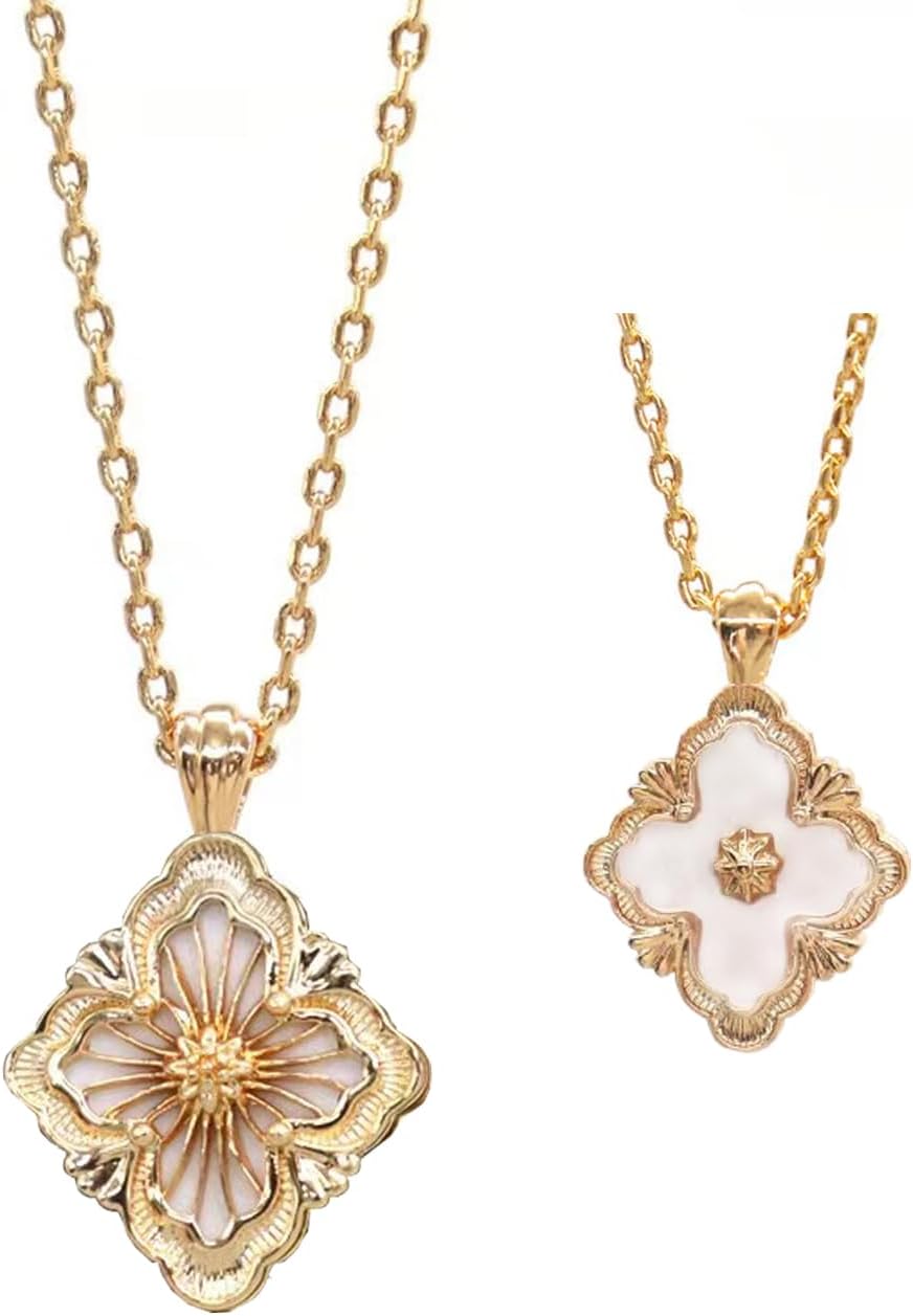 DISTANT DRUMS Gold Clover Jewelry for Women, Double-Sided Pendant by 18K Gold-plated with Gemstone inlaid Shell Pearl Pendant Necklace,Bracelet,Earrings,Gold Jewelry Set for Women