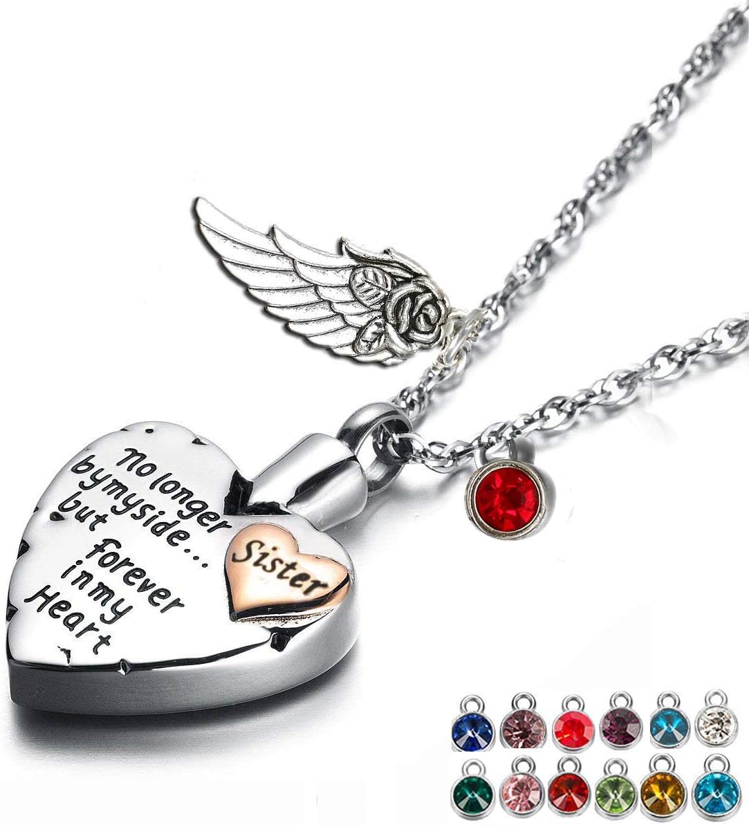 PREKIARHeart Cremation Urn Necklace for Ashes Angel Wing Jewelry Memorial Pendant and 12 PCS Birthstones No Longer by My Side But Forever in My Heart